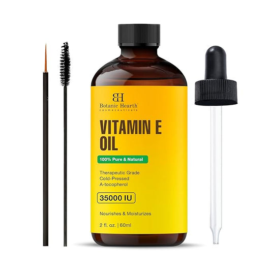 Botanic Hearth Vitamin E (Styling Oil, Glass Bottle 2 Fl Oz) | 100% Pure & Natural | 35,000 Iu | For Growth Of Nails, Hair, Eyebrows & Eyelashes | Includes Brush Set | Hair & Body Oil