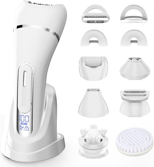 Electric Shavers for Women, 7 in 1 Hair Removal Kit with Epilator Bikini Trimmer Face Razor Body Brush Face Massager Foot Callus Remover, IPX7 Waterproof Lady Razors Set for Legs Armpit Bikini Pubic