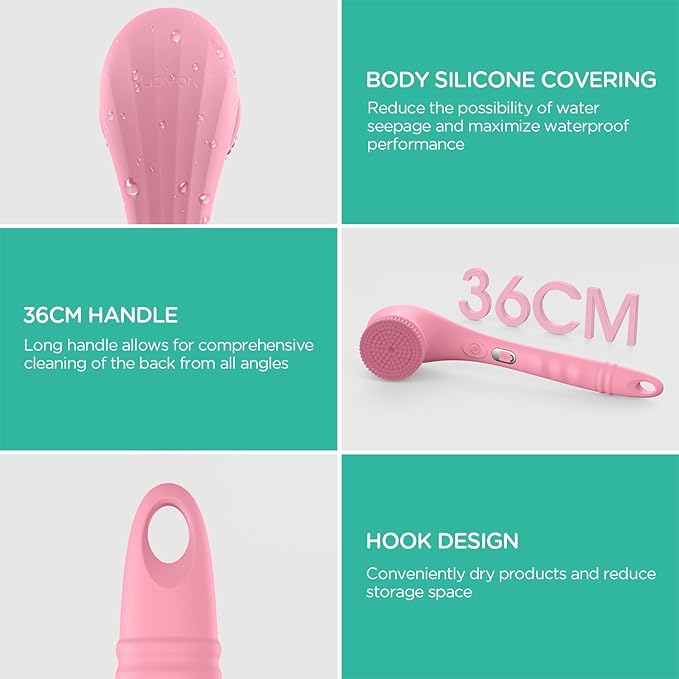 VOYOR Electric Body Brush Back Scrubber Silicone Body Scrubber Two-Way Rotating Brush Head for Deep Cleaning, Exfoliation, 4 Attachments Long Handle IPX6 Rechargeable Shower Brush BC300 (Pink)