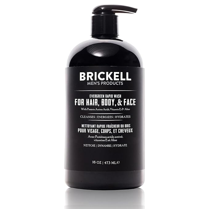 Brickell Men's Rapid Wash, Natural and Organic 3 in 1 Body Wash Gel for Men, 16 Ounce, Evergreen Scent
