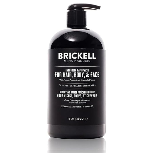 Brickell Men's Rapid Wash, Natural and Organic 3 in 1 Body Wash Gel for Men, 16 Ounce, Evergreen Scent