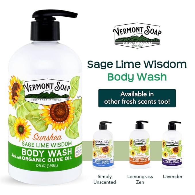 VERMONT SOAP Body Wash, Natural Body Wash with Shea Butter, Mild Gel Body Wash for Moisturizing and Soothing Skin, Fragrance Free Body Wash for Women & Men (Sage Lime Wisdom, 12oz)