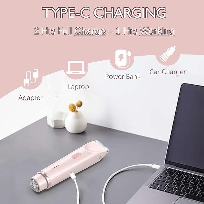 Bikini Trimmer for Women, 2 in 1 Dual-Head Electric Razors for Women Pubic Hair, Rechargeable Body Hair Shaver and Face Razor, Wet/Dry Use Waterproof Hair Removal for Bikini Face Legs Underarm Arm