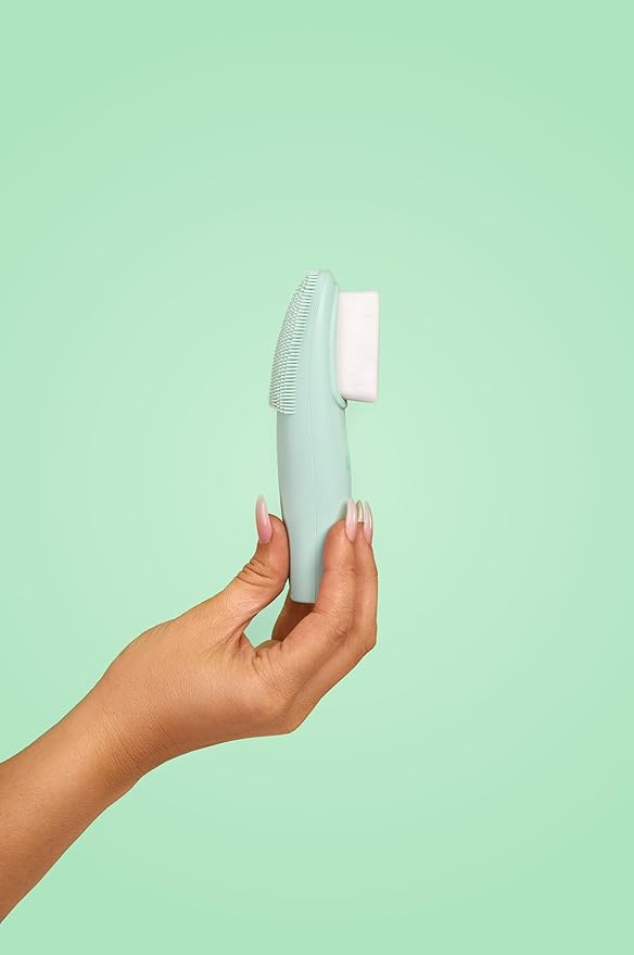 LOLLIPOP Dual-Sided Facial Cleansing Brush | Handle Size Silicone Face Exfoliator and Soft Fiber Cleanser | Manual Face Scrubber for Pores, Makeup Removal, Blackhead and Skincare Routine, Minty