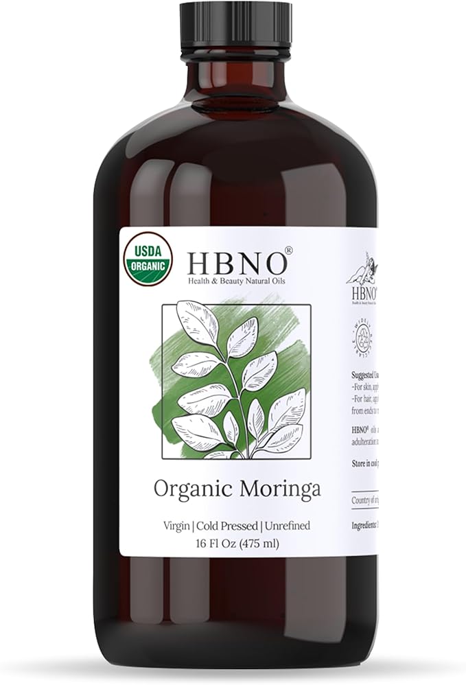 HBNO Organic Moringa Oil - 16 oz (475ml) Value Size - Ideal for Shampoos, Conditioners, Lip Balms, Face wash, Lotions, and Skin Care Products (Glass Bottle)