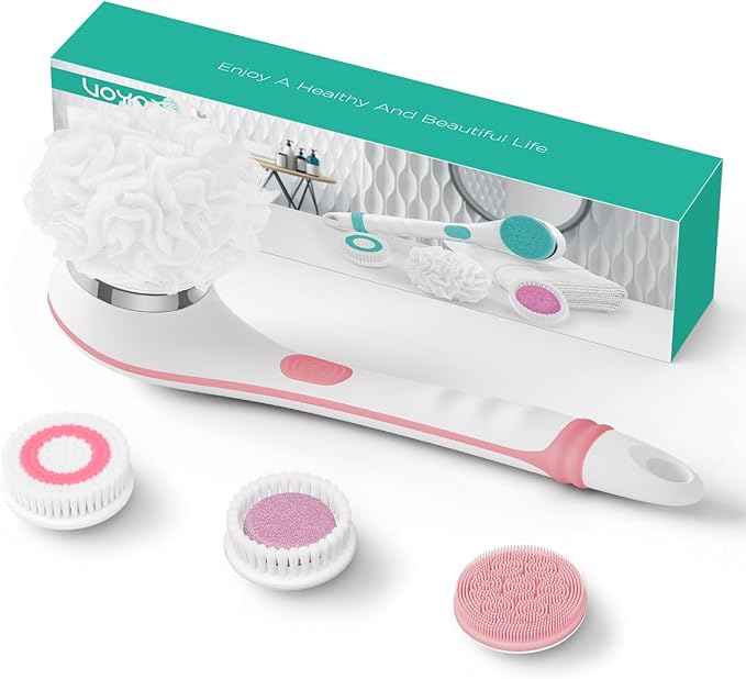 VOYOR Electric Body Brush Back Scrubber for Shower Rechargeable Exfoliating Bath Brush Powered Shower Brush with Non-Slip Long Handle Deep Cleansing, Exfoliation, Massaging Spin Brush BC100 (Pink)