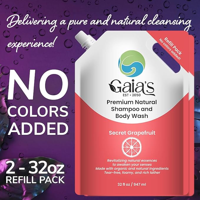 GAIA'S Natural Body Wash and Shampoo Grapefruit, Bulk Refill Size, 64 Fl Oz, Sulfate Free, Paraben Free, Dye Free, Tear Free, Organic and Natural Ingredients, PH Balance Feminine