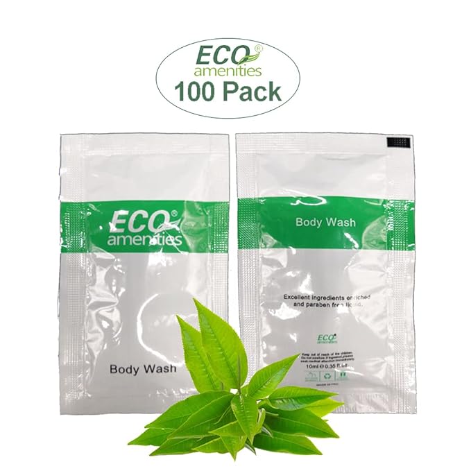 ECO amenities Body Wash Individual Bulk Sachets - 0.35 fl oz (10 ml), Pack of 100, Green Tea Scent - Cruelty-Free TSA-Approved Leak-Proof Bulk Shower Gel & Mini Travel Liquid Soap Packets