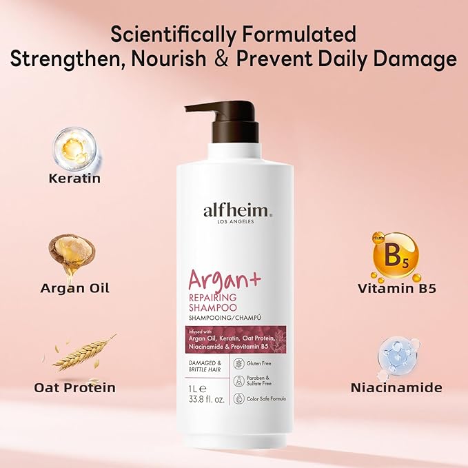 ALFHEIM Argan+ Repairing Shampoo | Argan Oil & Hydrolyzed Keratin for Deep Hydrating & Strengthening | Sulfate-Free for Dry, Damaged ＆ Fragile Hair | Reduce Breakage and Frizz | 33.8 fl oz