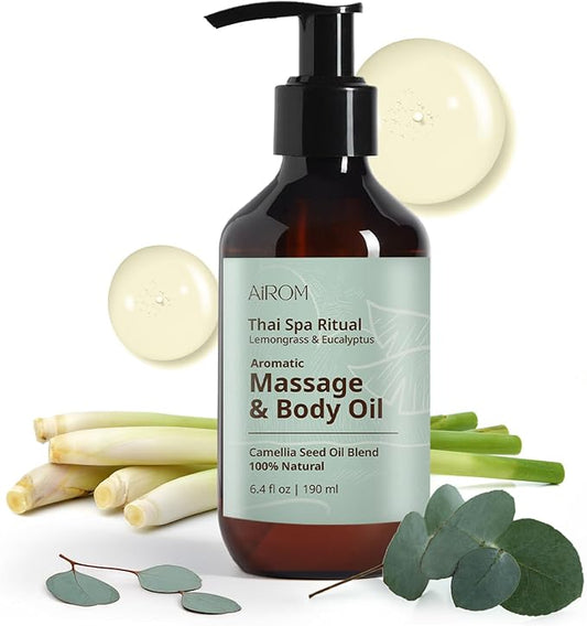 AiROM Aromatherapy Massage Oil – Thai Spa Ritual Scent with Lemongrass & Eucalyptus | Body Oil for Sore Muscles, Anti-Cellulite, Massage Therapy & Relaxation | Massage Oil for Couples | 6.4 fl oz