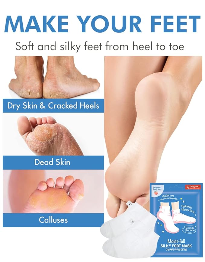 DERMAL Moistfull Silky Foot Mask 3 Pairs - Hydrating Foot Mask Socks for Dry Cracked Feet, Toes, and Callus - Ceramide, Shea Butter - Repair Rough Heels - Refreshing Peach Scent (Non-Peel)