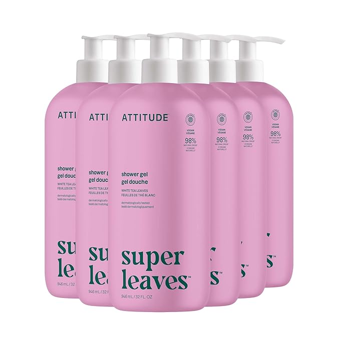 ATTITUDE Body Wash, EWG Verified Shower Gel, Dermatologically Tested, Plant and Mineral-Based, Vegan Personal Care Products, White Tea Leaves, 32 Fl Oz (Pack of 6)