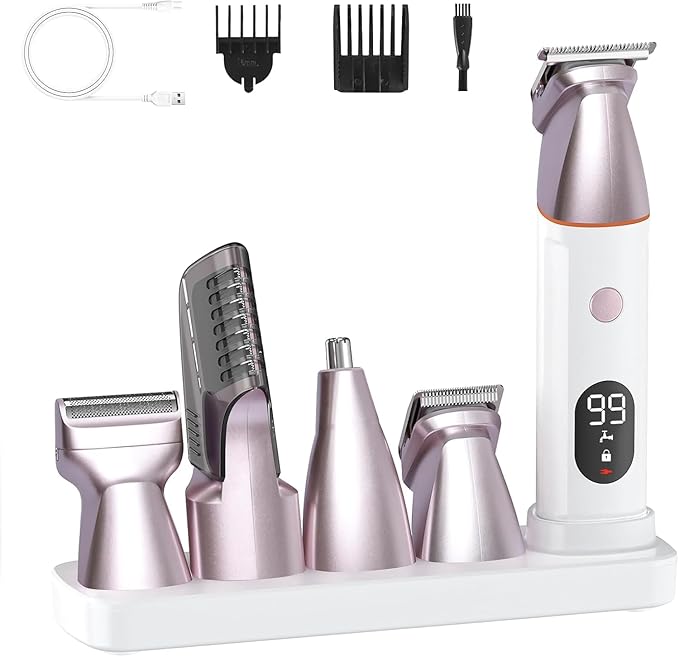 Bikini Trimmer for Women and Men,5-in-1 Wet/Dry Body Hair Trimmer,Gentle Hair Removal Shaver for Full Body Groomer,Electric Razor Shaver with USB Charge Dock-No Nick, No Cut, No Razor Burn,Pink