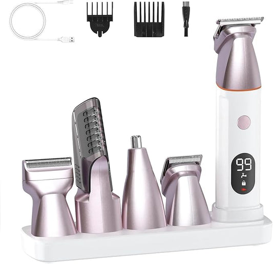 Bikini Trimmer for Women and Men,5-in-1 Wet/Dry Body Hair Trimmer,Gentle Hair Removal Shaver for Full Body Groomer,Electric Razor Shaver with USB Charge Dock-No Nick, No Cut, No Razor Burn,Pink