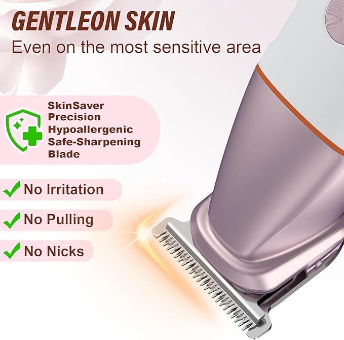 Bikini Trimmer for Women and Men,5-in-1 Wet/Dry Body Hair Trimmer,Gentle Hair Removal Shaver for Full Body Groomer,Electric Razor Shaver with USB Charge Dock-No Nick, No Cut, No Razor Burn,Pink