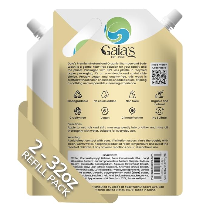 GAIA'S Natural Body Wash and Shampoo Vanilla, Bulk Refill Size, 64 Fl Oz, Sulfate Free, Paraben Free, Dye Free, Tear Free, Organic and Natural Ingredients, PH Balance Feminine