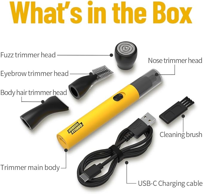 Gorilla Technique Nose Ear Hair Trimmer for Men, Rechargeable 4-in-1 Trimmer for Nose Ear Eyebrow Hair Removal, No Pull No Snag Grooming with High-Speed 10,000rpm Motor, 4 Heads