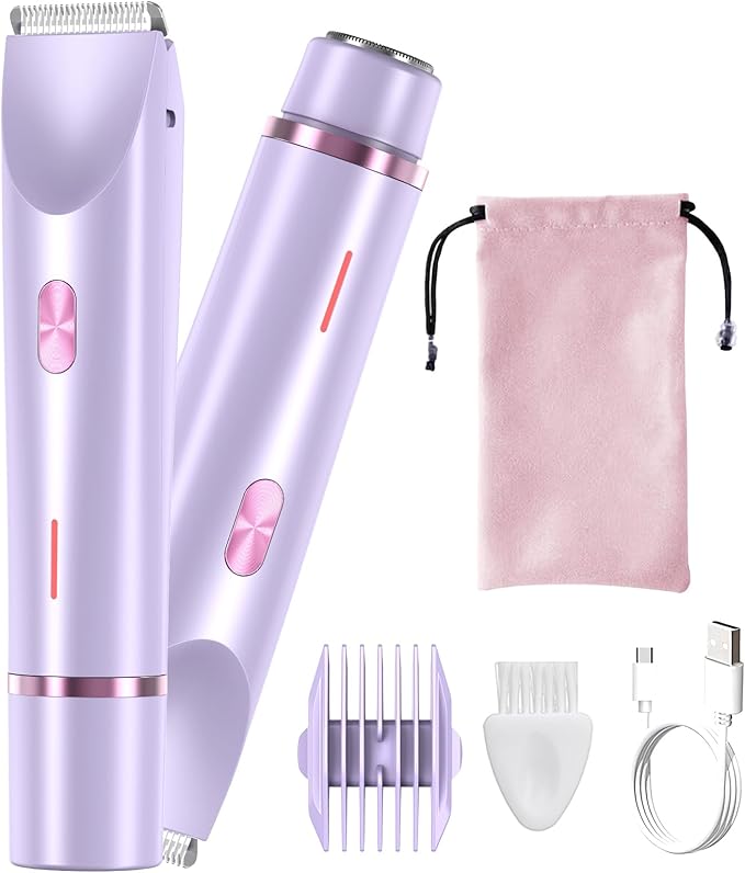 Bikini Trimmer for Women, 2 in 1 Dual-Head Electric Shaver for Women Pubic Hair, Waterproof Wet/Dry Use Body Hair Trimmer and Face Razors, Rechargeable Hair Removal for Bikini Legs Face Underarm Arm
