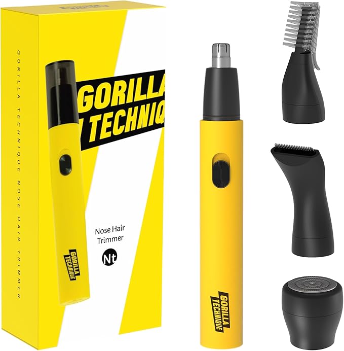 Gorilla Technique Nose Ear Hair Trimmer for Men, Rechargeable 4-in-1 Trimmer for Nose Ear Eyebrow Hair Removal, No Pull No Snag Grooming with High-Speed 10,000rpm Motor, 4 Heads