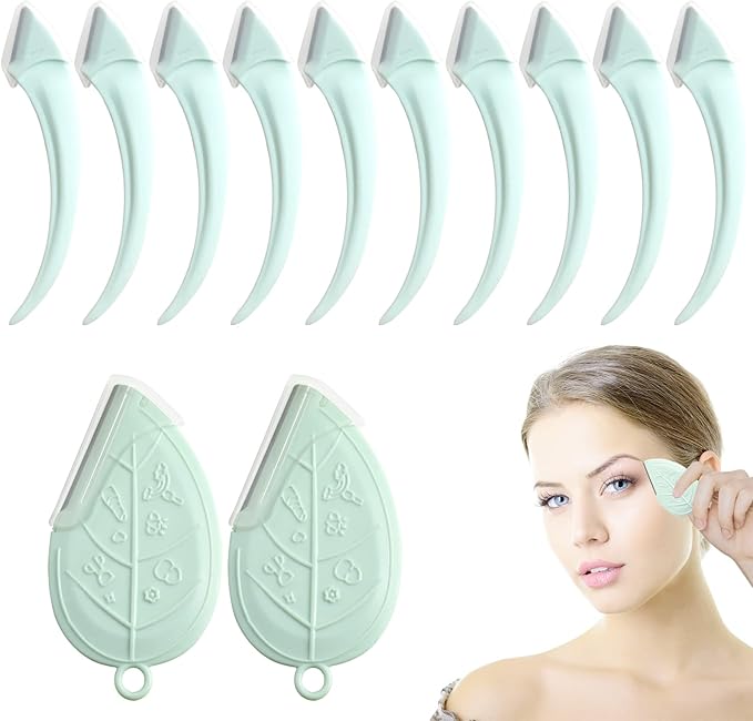 ONEUPIN 12PCS Eyebrow Trimmer Set Stainless Steel Leaves Curved Eyebrow Razor Trimmer Facial Shaver Razor Brow Shaper Suitable for Any Skin Type Hair Removal Accessories for Men Women（Green）