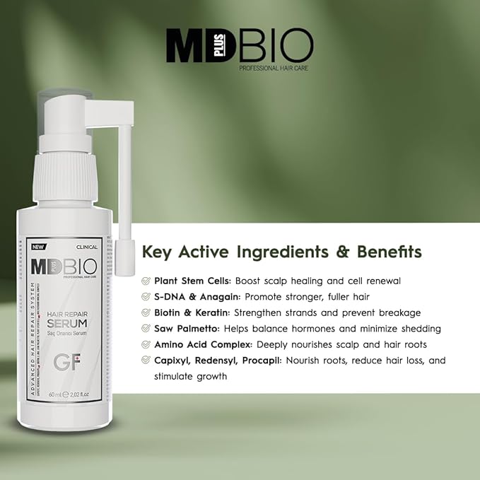 MD PLUS BIO Hair Repair Serum - Thicker, Fuller, Hair Loss and Thinning Treatment Serum - Women and Men Hair Care Products Spray - All Hair Types - 2.02 Fl oz (60 ml)
