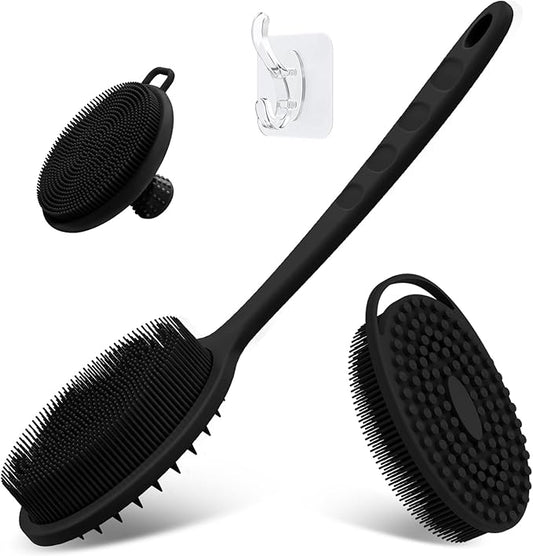 Silicone Back & Body & Face Scrubber Set 3PCS, Gentle Exfoliating Back & Body Scrubber with Dual-Side Brush Head, Hygienic Silicone Loofahs with Soft Bristle and Non-Slip Handle(Black-3PC)