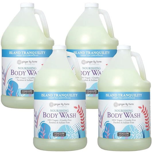 Ginger Lily Farms Botanicals Nourishing Body Wash, Island Tranquility, 100% Vegan & Cruelty-Free, Green Tea Lemongrass Scent, 1 Gallon Refill (Pack of 4)