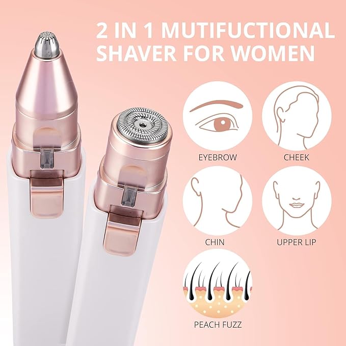 Facial - Eyebrow Hair Remover for Women: Rechargeable 2 in 1 Eyebrow Trimmer and Face Shavers for Women - Painless Electric Hair Removal Device for Face Eyebrows Peach Fuzz Lips with Light