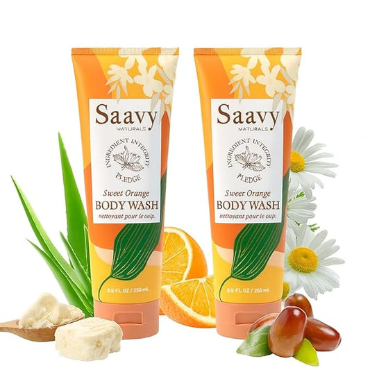 Saavy Naturals Sweet Orange Body Wash, Moisturizing Shower Gel for Men & Women, Vegan Formula with Coconut Oil, Shea Butter, and Aloe Vera - 8.5 Fl Oz, 2 Pack Made in the USA