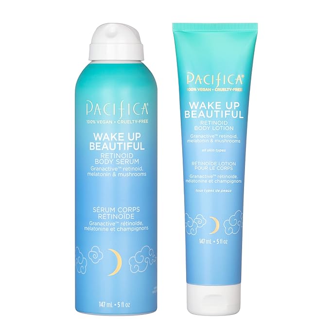 Pacifica Wake Up Beautiful Body Lotion & Serum Set of 2 – Overnight Body Treatment w/Granactive Retinoid, Mushroom & Melatonin, Hydrating Moisturizer Duo for Plumper Skin, Vegan & Cruelty-Free Clean