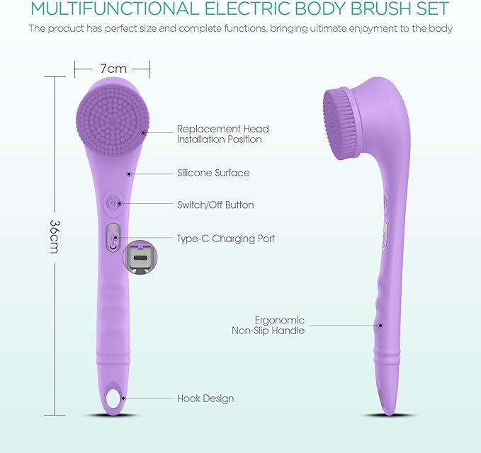 VOYOR Electric Body Brush Back Scrubber Silicone Body Scrubber Two-Way Rotating Brush Head for Deep Cleaning, Exfoliation, 4 Attachments Long Handle IPX6 Rechargeable Shower Brush BC300 (Purple)