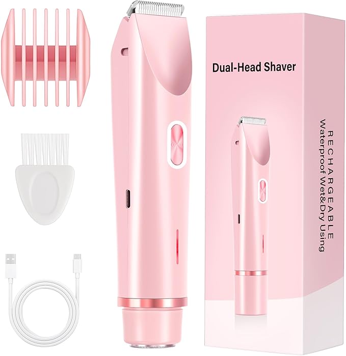 2-in-1 Women's Electric Razor & Bikini Trimmer - Painless Smooth Shave & Gentle Pubic Hair Removal - Dual Ceramic Blades, IPX7 Shower-Proof - Cordless for Sensitive Skin
