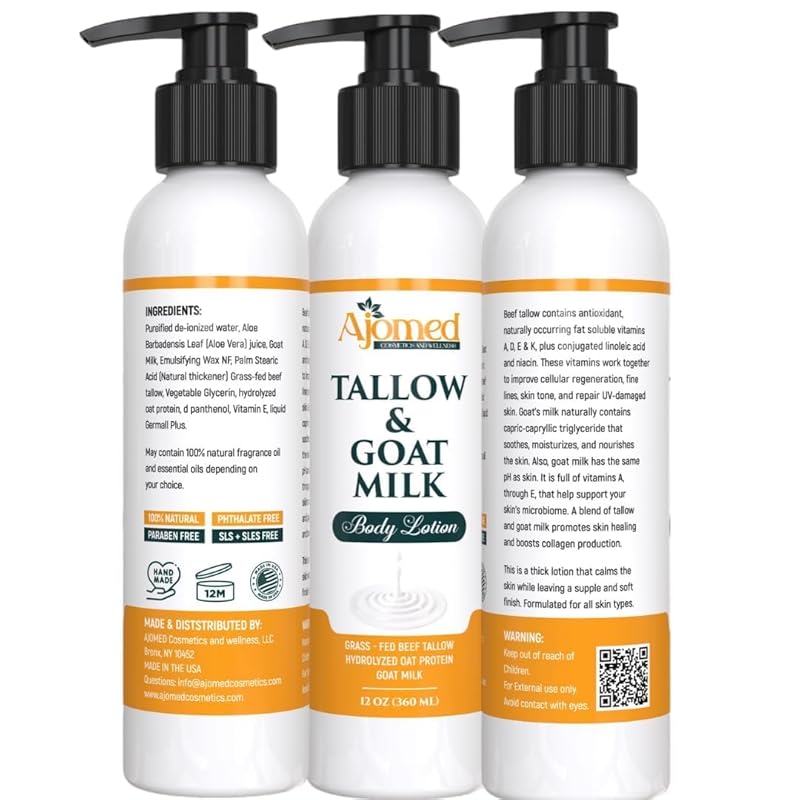 Tallow & Goat Milk Body Lotion for Sensitive Skin, Organic moisturizing Lotion - tallow for skin cream, Soothes Dry skin, Goat Milk face and body Moisturizer - Handmade Tallow lotion 12oz (OATMEAL MILK & HONEY) (UNSCENTED)