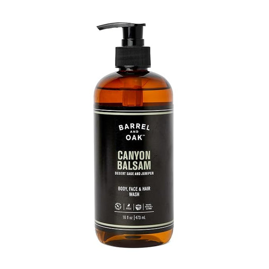 Barrel and Oak - All-In-One Body Wash, Men's Body Wash, Men's Soap for Hair, Face, & Body, Essential Oil-Based, Fir needle, Citrus Zest & Red Cedar Blend (Canyon Balsam, 16 oz)