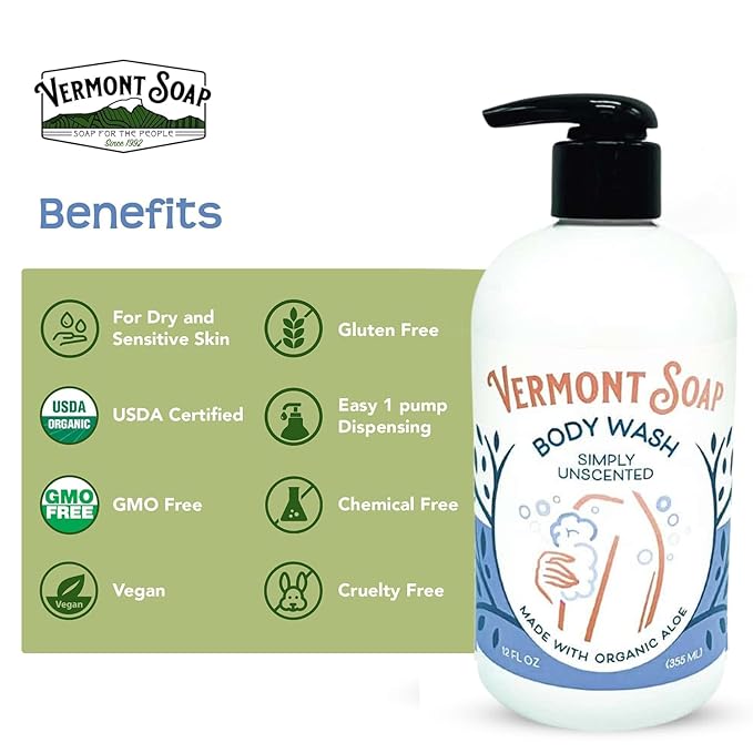 VERMONT SOAP Body Wash, Natural Body Wash with Shea Butter, Mild Gel Body Wash for Moisturizing and Soothing Skin, Fragrance Free Body Wash for Women & Men (Simply Unscented, 12oz)