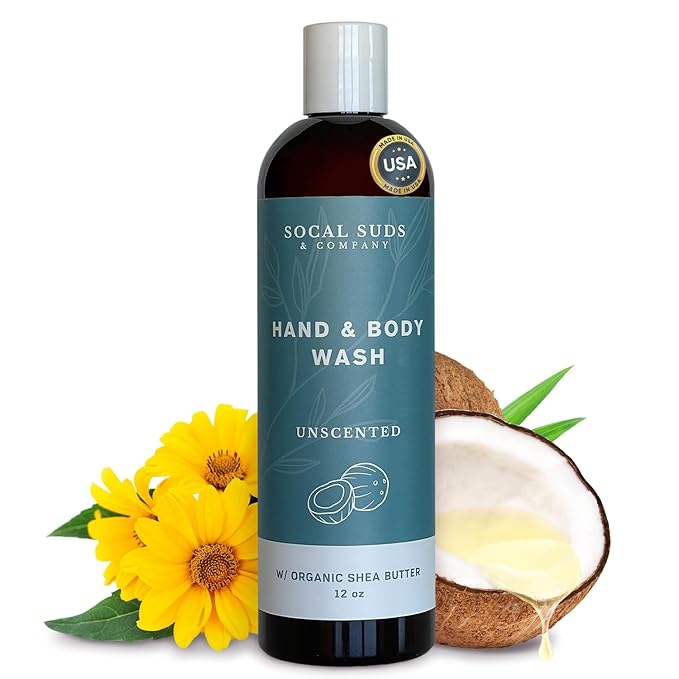 SoCal Suds & Company Organic Shea Butter Body Wash – Fragrance Free Liquid Soap for Hand & Body, Moisturizing Shower Gel, Body Wash for Women, Men & Unisex, Gentle Skin Care & Protection - (12oz)