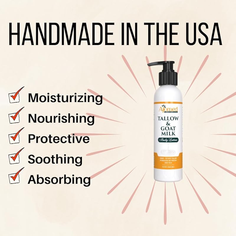 Tallow & Goat Milk Body Lotion for Sensitive Skin, Organic moisturizing Lotion - tallow for skin cream, Soothes Dry skin, Goat Milk face and body Moisturizer - Handmade Tallow lotion 12oz (OATMEAL MILK & HONEY) (LAVENDER VANILLA)