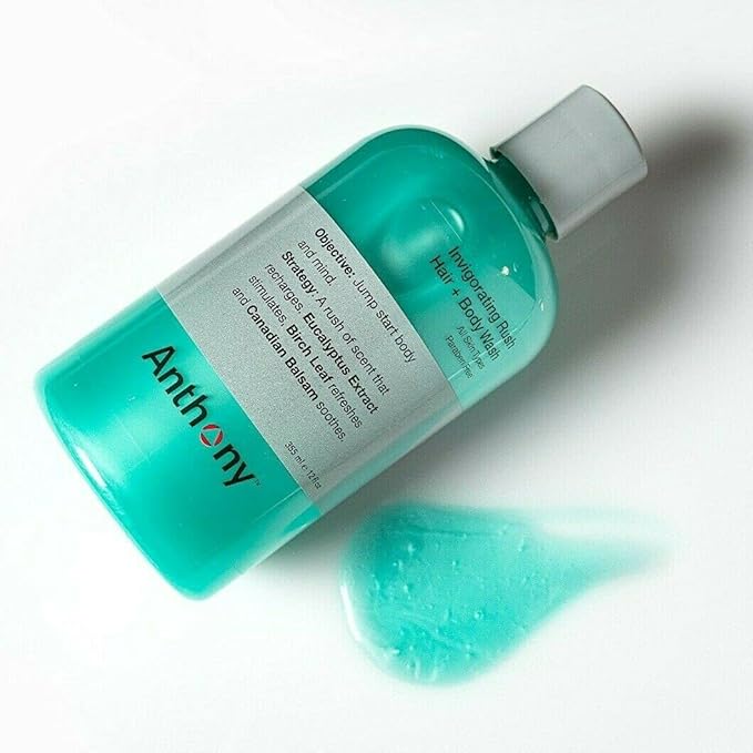 Anthony Mens Body Wash and Shampoo: Invigorating Rush 2-In-1 Liquid Gel Soap & Hair Shampoo, Pine Wood Scent, Hydrating with Eucalyptus, Canadian Balsam, Birch Leaf, Charcoal, Sea Kelp, 12 Fl. Oz