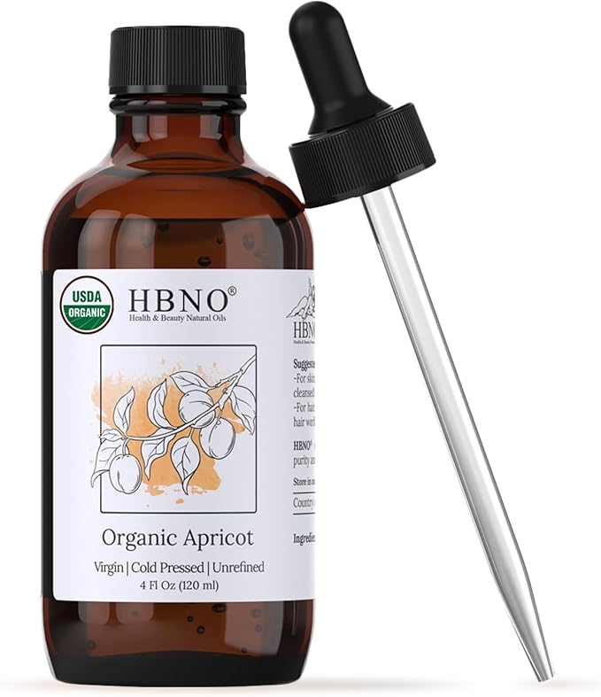 HBNO Organic Virgin Apricot Oil - 4 oz (120ml) Value Size - Ideal for Shampoos, Conditioners, Lip Balms, Face wash, Lotions, and Skin Care Products.