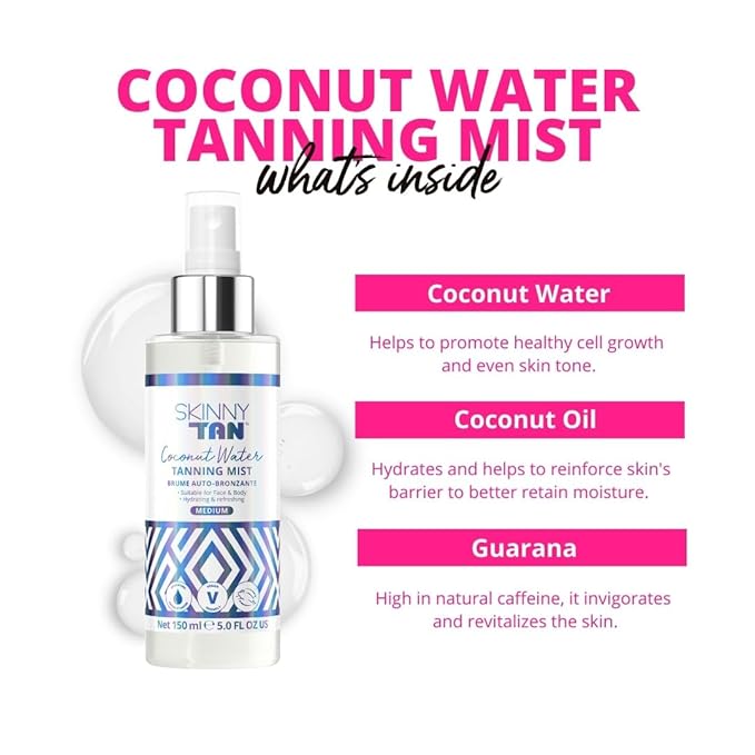 Skinny Tan Coconut Water Tanning Mist - Refreshing, Non-Sticky, and Fast Absorbing Formula - Formulated with Ultra-Hydrating Coconut Water - Delicious Tropical and Vanilla Scent - Medium - 5 oz