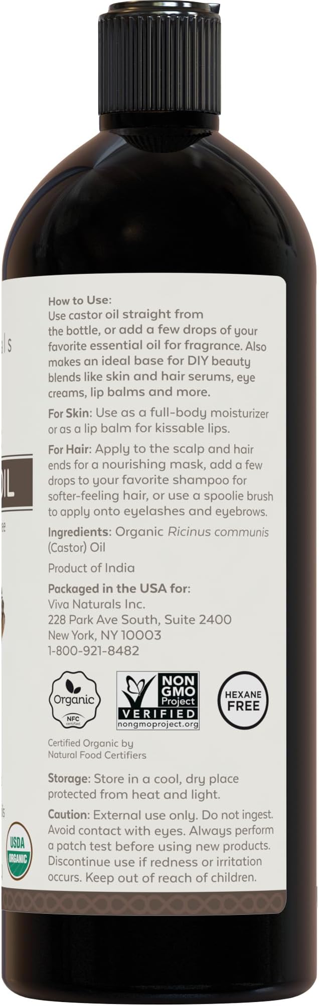 Viva Naturals Cold pressed Organic Castor Oil 16 fl oz - Castor Oil for Face, Eyelashes, Traditional Eyebrow Serum, Hair Oil - Certified Organic & Non-GMO