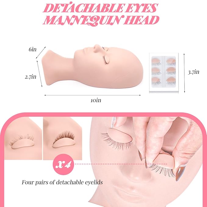 Lash Extension Kit Eyelash Practice for Beginners Professional Set with Mannequin Head Removable Eyelids USB Fan Spraye Individual False Lash Eyelash Strips Shampoo Brush Supplies Storage box