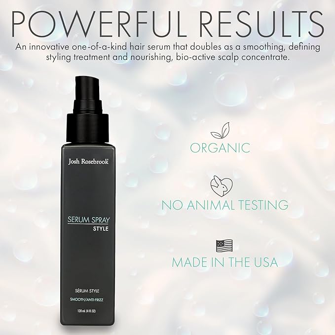Josh Rosebrook Serum Spray - anti-frizz, wave and curl smoothing and defining hair styling spray that also performs as a nourishing, herbal-active scalp treatment - 120 mL - 4 Oz