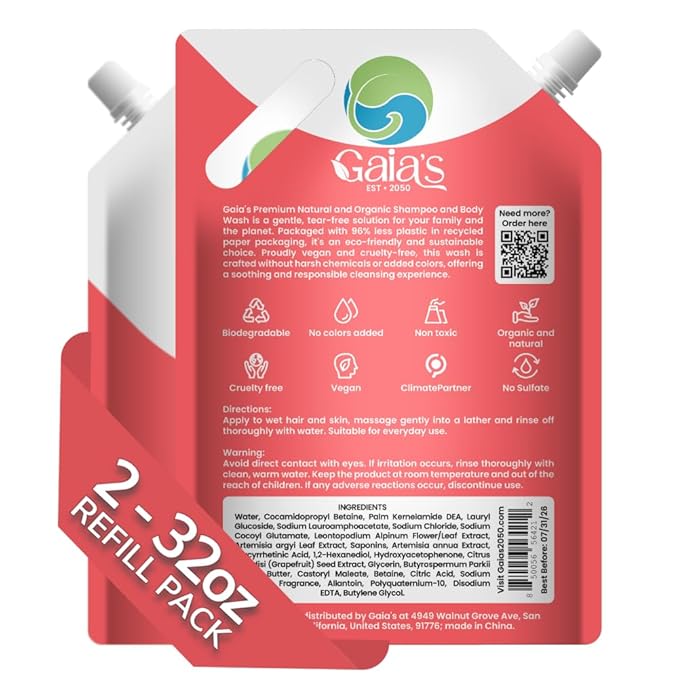 GAIA'S Natural Body Wash and Shampoo Grapefruit, Bulk Refill Size, 64 Fl Oz, Sulfate Free, Paraben Free, Dye Free, Tear Free, Organic and Natural Ingredients, PH Balance Feminine