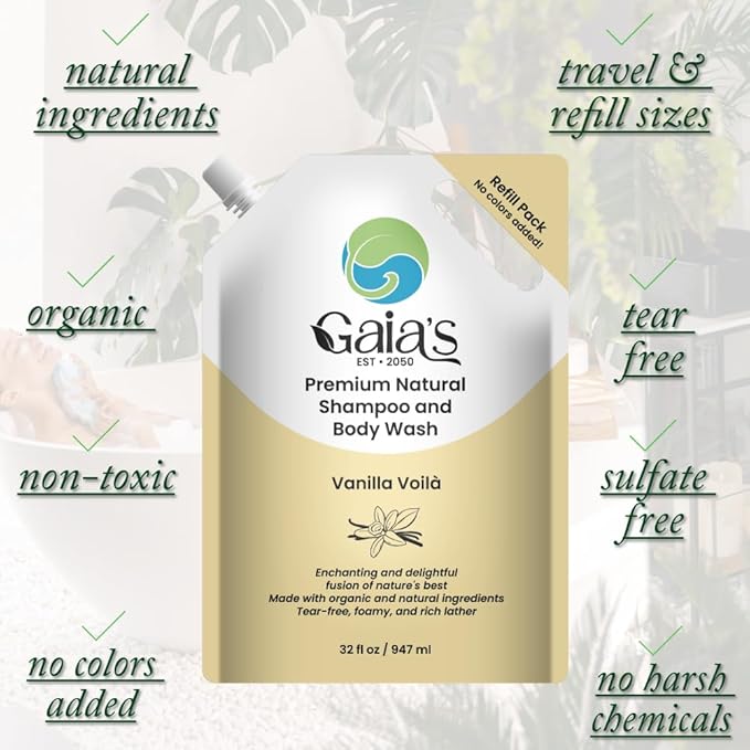 GAIA'S Natural Body Wash and Shampoo Vanilla, Bulk Refill Size, 64 Fl Oz, Sulfate Free, Paraben Free, Dye Free, Tear Free, Organic and Natural Ingredients, PH Balance Feminine