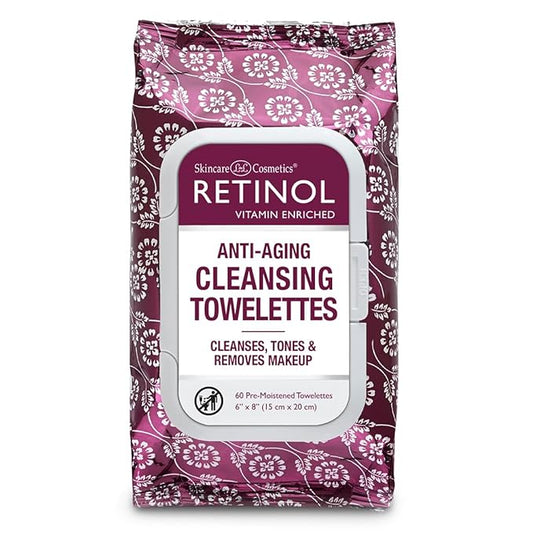 Retinol Anti-Aging Cleansing Towelettes – All-in-One Cleanser, Toner & Makeup Remover in a Convenient Pre-Moistened Wipe – On-The-Go Exfoliating, Toning & Hydrating Leaves Skin Clean, Fresh & Refined