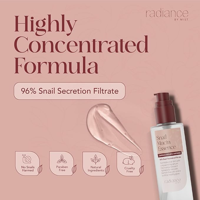 Radiance Snail Mucin Serum with Advanced Snail 96% Mucin Power Essence, Korean Skin Care with Hydrating Hyalauronic Acid Korean Serum, 3.38 fl oz, 100ml