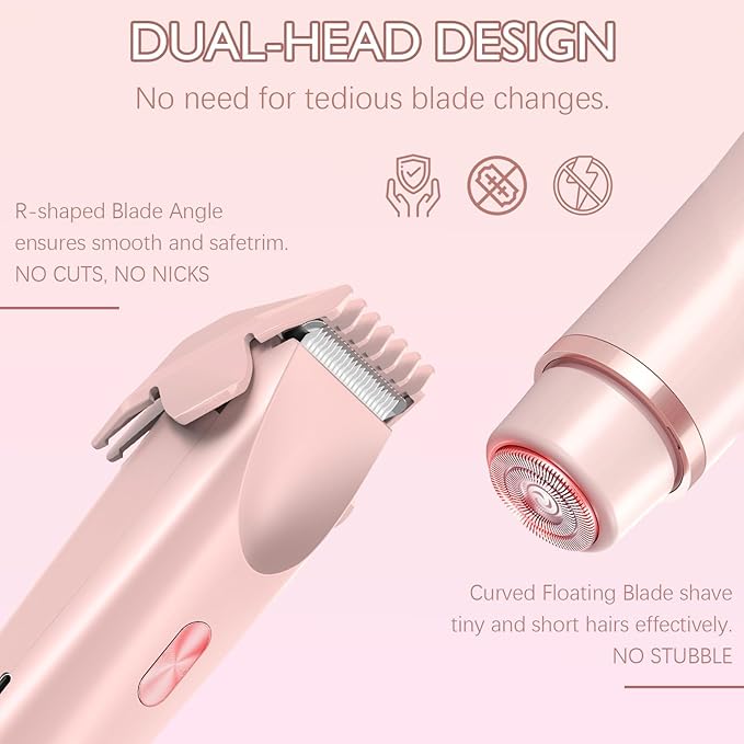 Bikini Trimmer for Women, 2 in 1 Electric Razors for Women - Double Head, Rechargeable, IPX7 Waterproof, Pain-Free Hair Removal for Facial, Body & Sensitive Areas with Ceramic Blades, Cordless