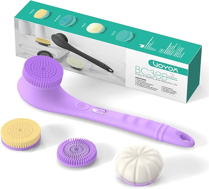 VOYOR Electric Body Brush Back Scrubber Silicone Body Scrubber Two-Way Rotating Brush Head for Deep Cleaning, Exfoliation, 4 Attachments Long Handle IPX6 Rechargeable Shower Brush BC300 (Purple)