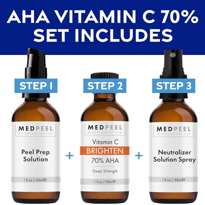 MedPeel 70% AHA & Vitamin C Brightening Essential Peel Kit, Includes Peel, Prep, Neutralizer, Deep Strength Professional Grade Chemical Face Peel, Reduces Age Spots, 1oz/30ml (Kit of 3)